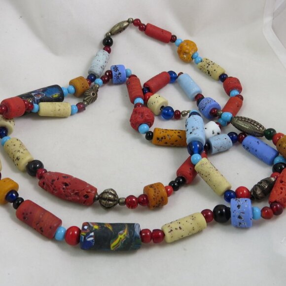 African Trade Bead Necklace with Metal, Cinnabar, Glass, and Stone beads 50 Inch - Picture 3 of 5